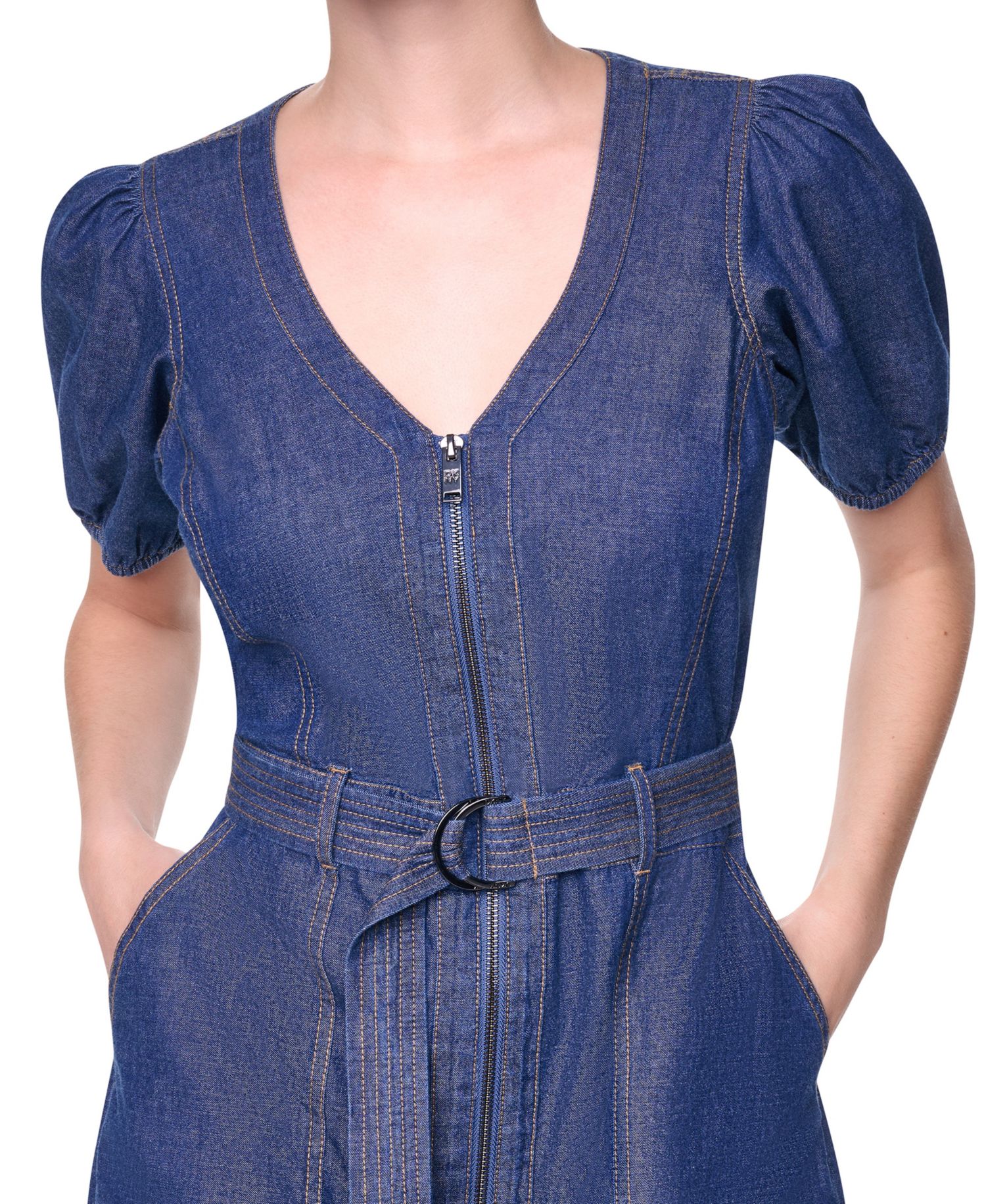 Women's Puff-Sleeve Belted V-Neck Dress