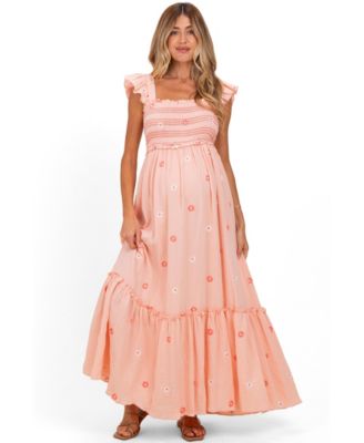 Maternity Green Floral Embroidered Smocked Maxi Dress