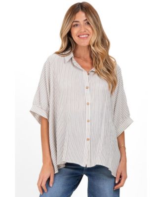 Women's Taupe Striped Boxy Button Down Top