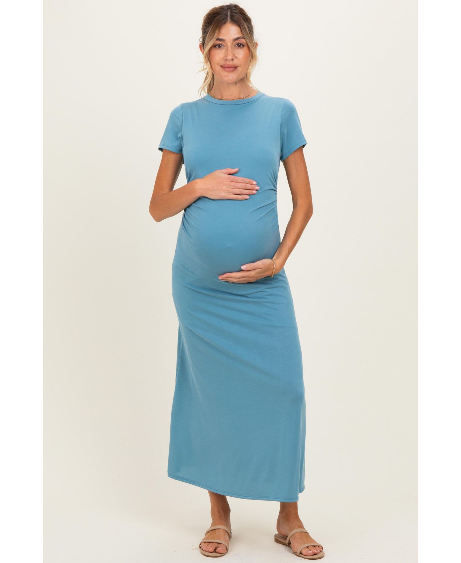 Women's Blue Short Sleeve Ruched Midi Dress