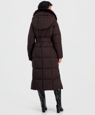MICHAEL Michael Kors Women's Hooded Puffer Belted Faux-Fur-Collar