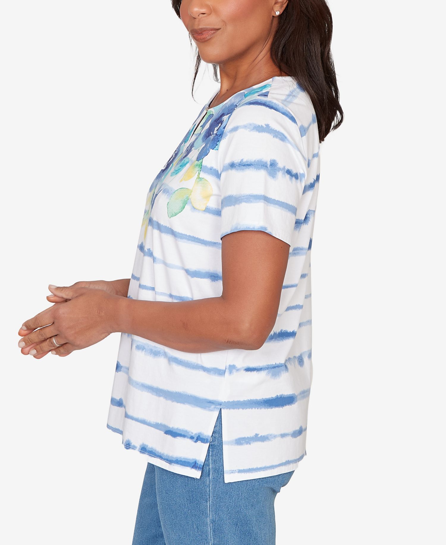 Petite Striped Floral Split Neck Top