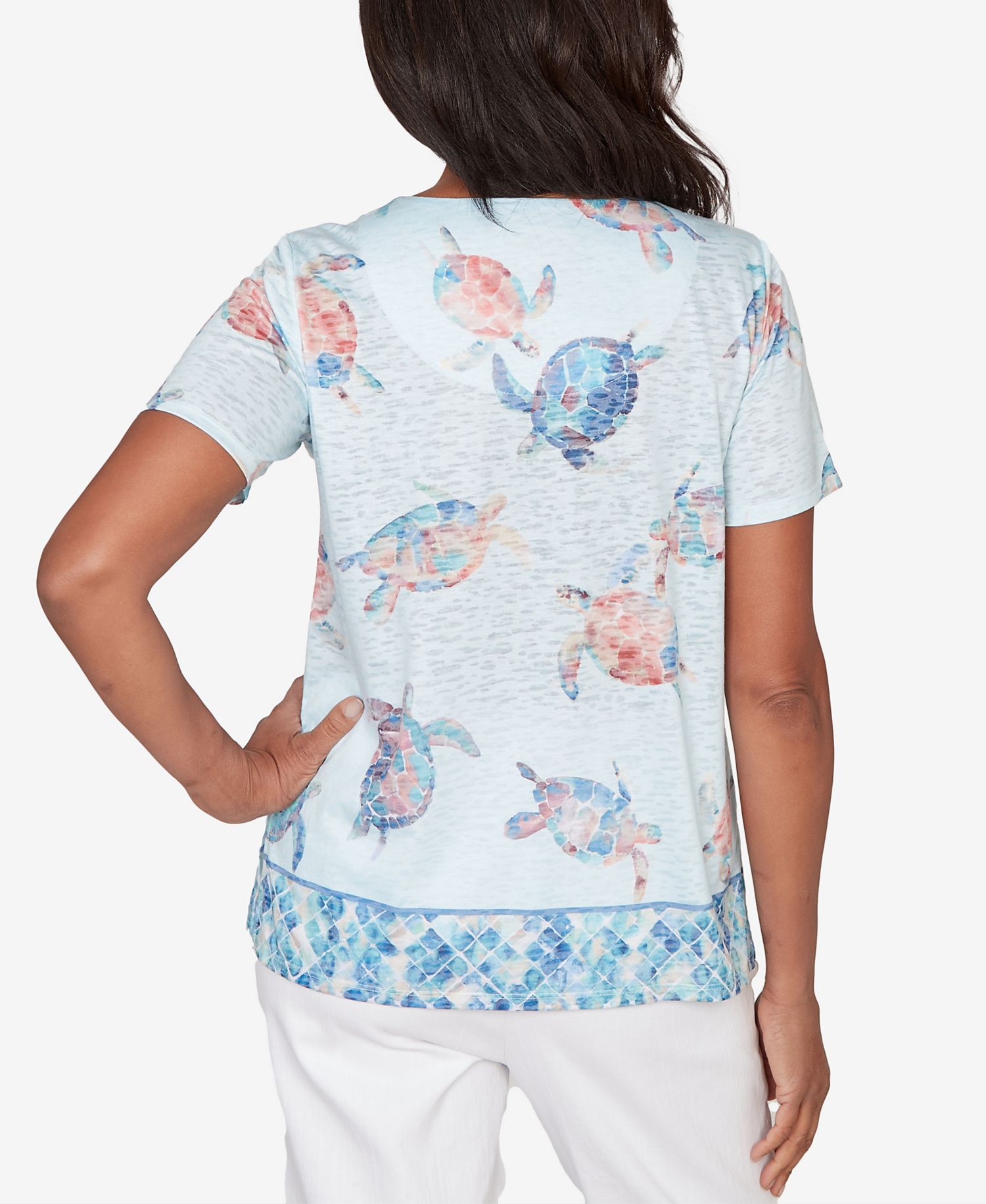 Petite Sea Turtle Border Split Neck Top
