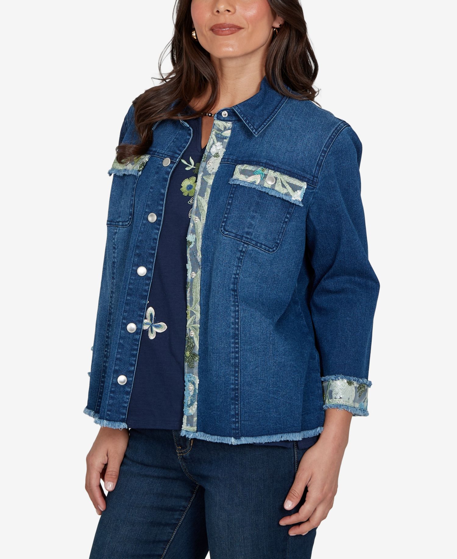 Petite Sequin Embellished Stretch Denim Jacket
