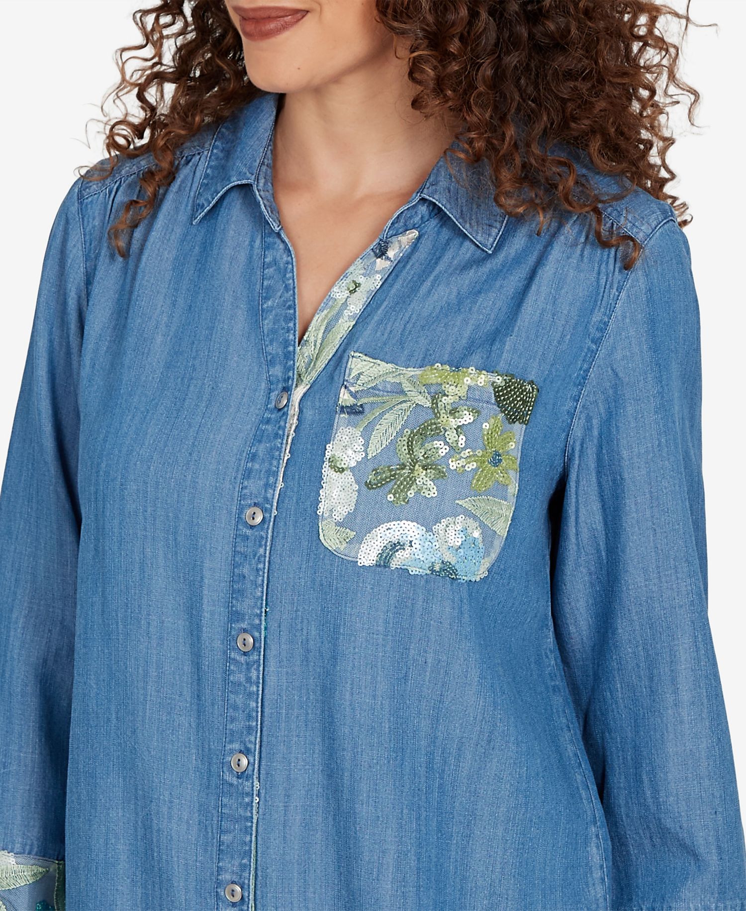 Petite Soft Lyocell Denim Sequined Button-Front Top