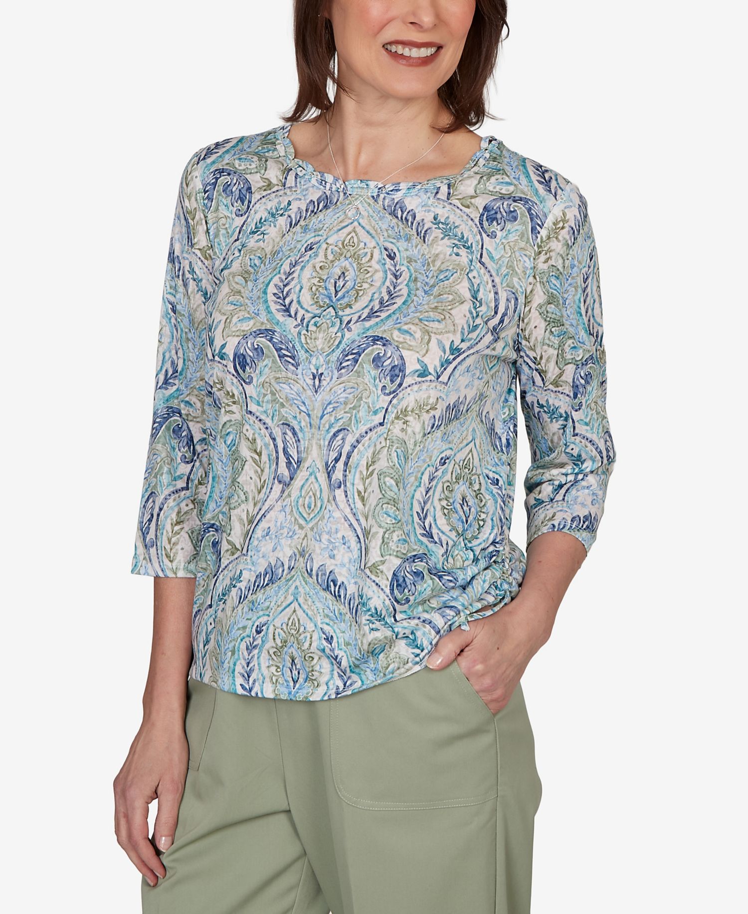 Petite Medallion Print Braided Neck Top