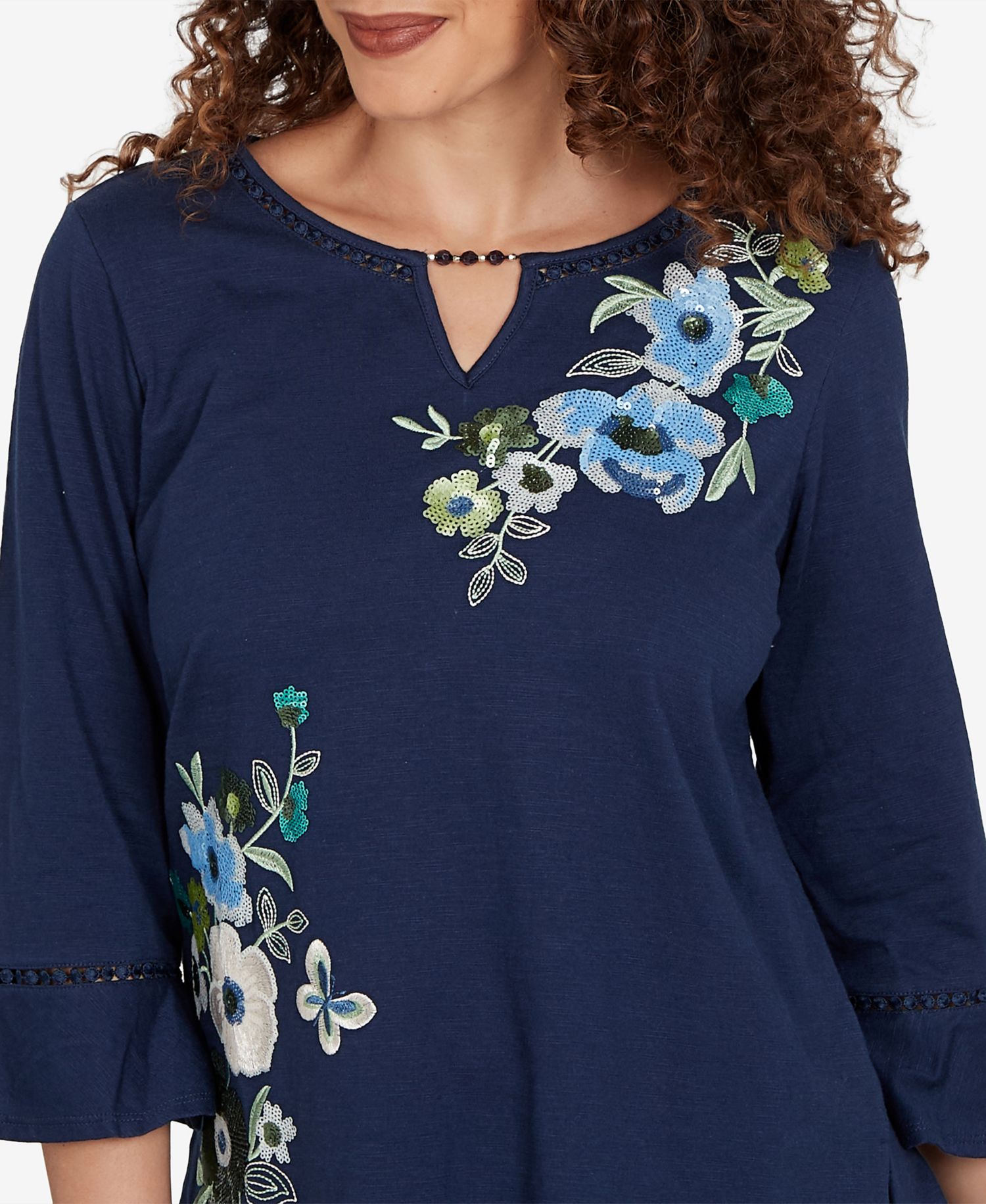 Petite Asymmetric Sequin Flowers Knit Top