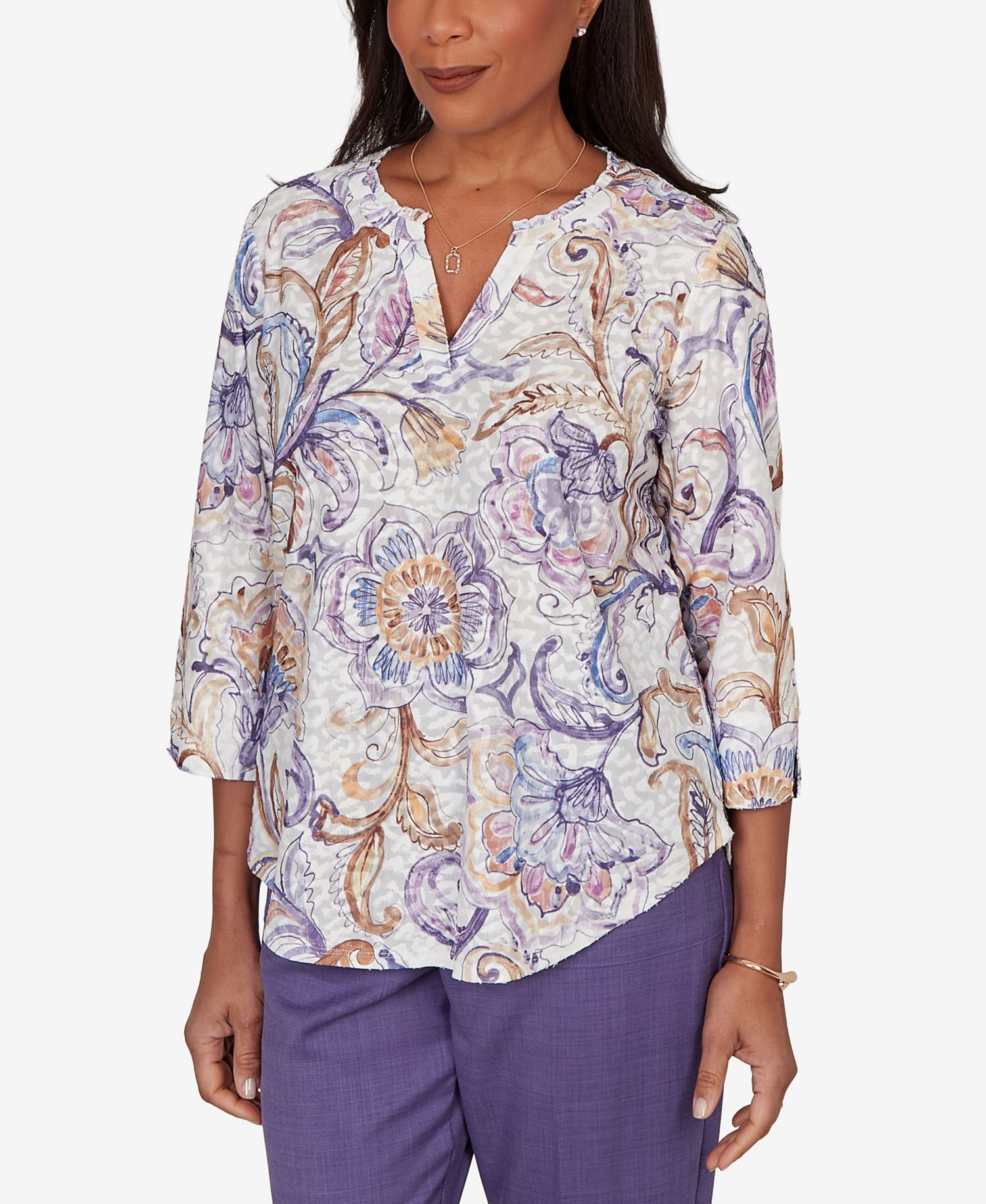 Petite Grand Bazaar Jacobean Floral Split Neck Top