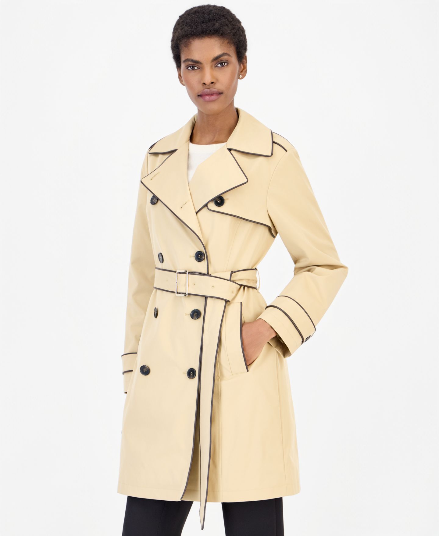 Женское пальто Michael Kors Faux Leather-Trim Button-Front Trench, цвет: Хаки — фото 2