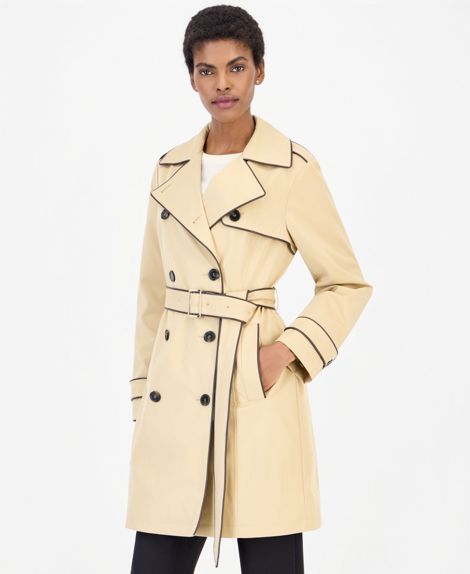 Women's Faux Leather-Trim Button-Front Trench Coat