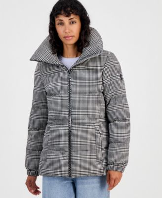 Women's Plaid Puffer Funnel Neck Coat
