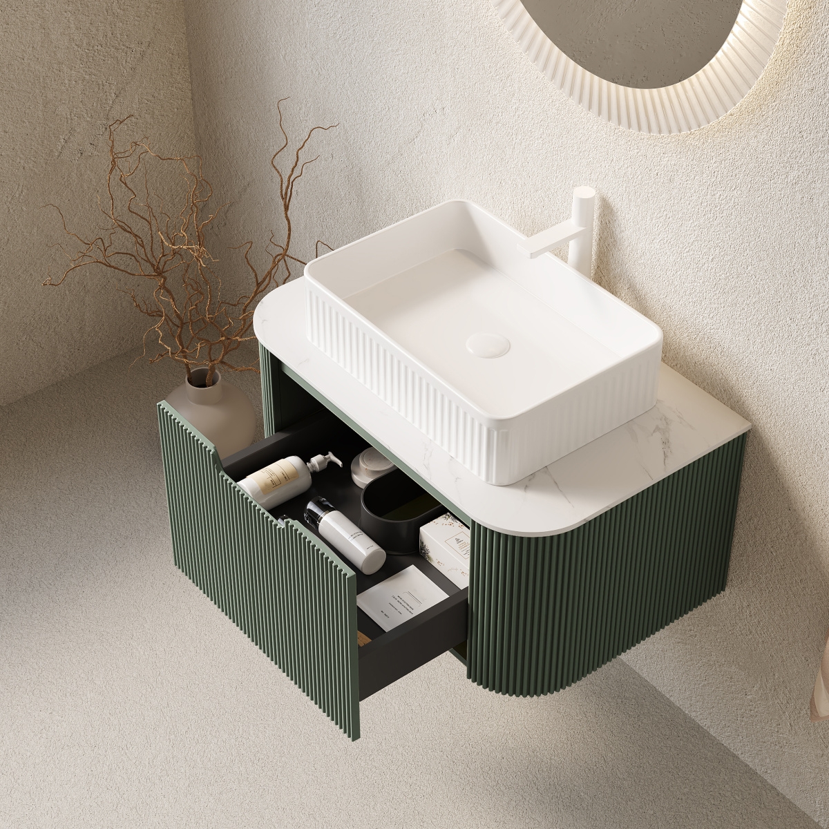 Sillysis Light Green Wall Mounted Bathroom Vanity with Ceramic Sink, Plywood Cabinet, Soft Close Striped Drawer, Pre-assembled
