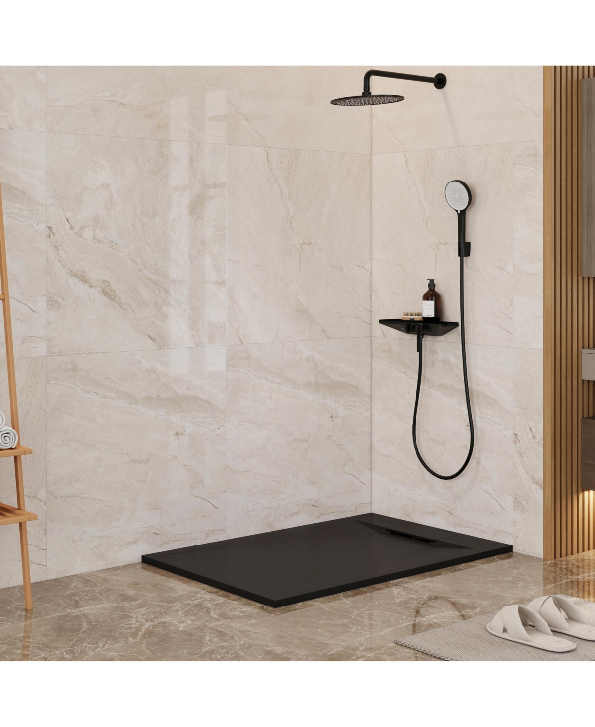 Casainc Wheelchair-Friendly Shower Base with Non-Slip Surface, Reversible Drain