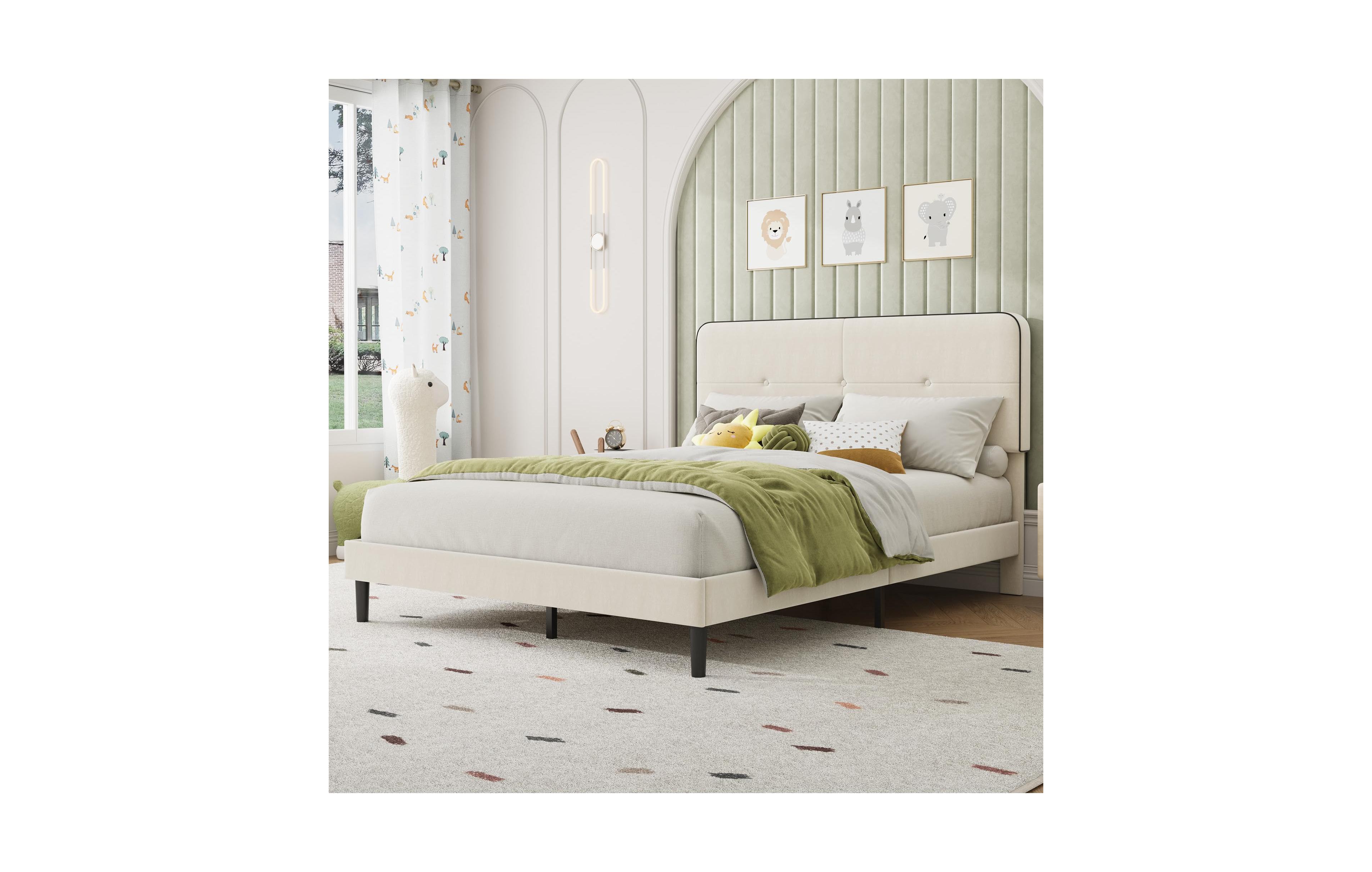 gaomon Velvet Upholstered Platform Bed, Bed Frame with Adjustable Headboard, Wooden Slat, No Box Spring Needed, Quick Assembly