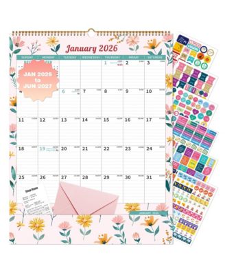 Wall Calendar 2026-2027 Storage Pocket Monthly Planner Stickers Artistic Floral
