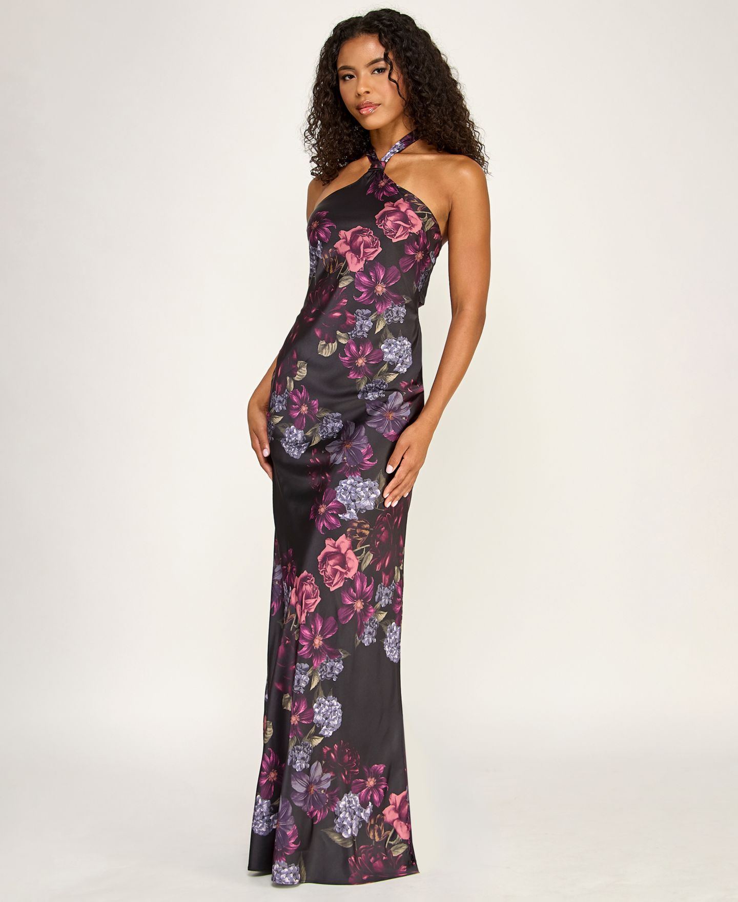 Женские платья SENI & CADE Juniors' Printed Halter Neck Gown, цвет: Чёрный розовато-лиловый — фото 3