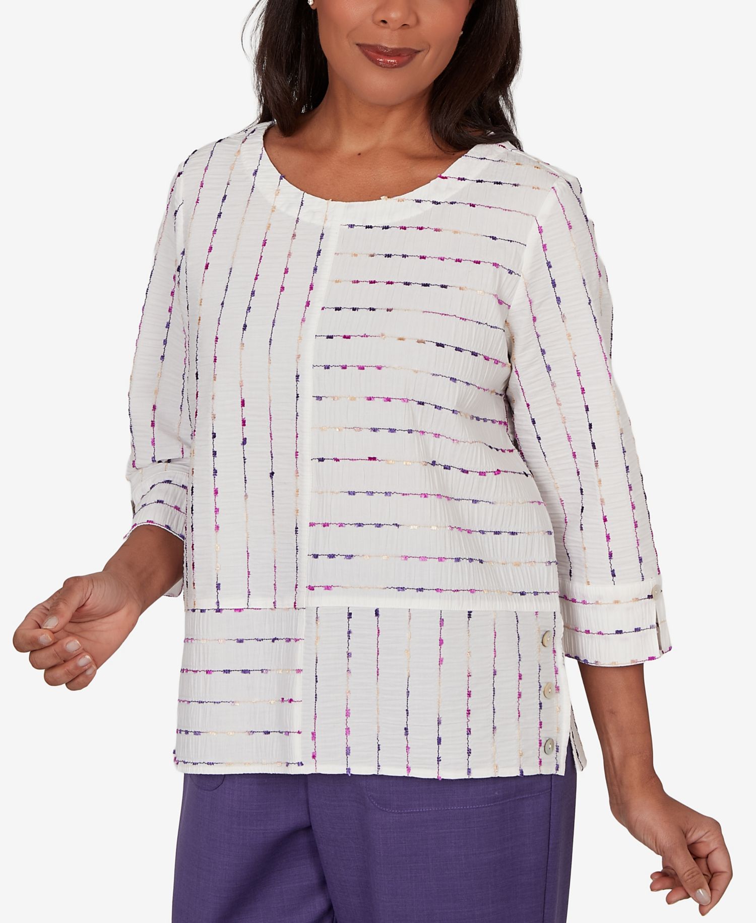 Women's Grand Bazaar White Textured Rainbow Stripe Top