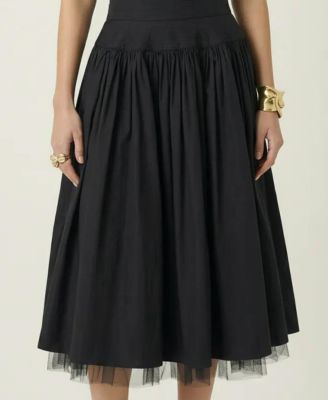 Women's High Waist Gathered Tulle Hem Midi Skirt