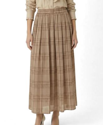 Women's Plaid Pleated Maxi Skirt With Side Pockets