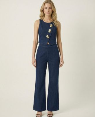 Women's Denim Vest Top And Wide-Leg Pant Set