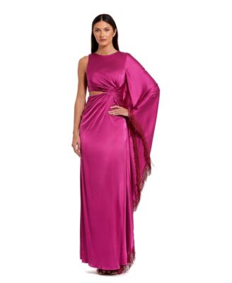 Women's Charmeuse Kaftan Sleeve Assymetrical Fringe Gown