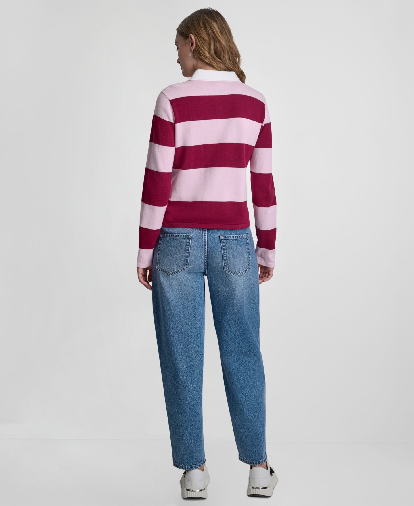 Женский свитер DKNY Jeans Long-Sleeve Logo Charm Multi-Stripe Cotton Polo, цвет: Свекольный / Розовый туманный — фото 5