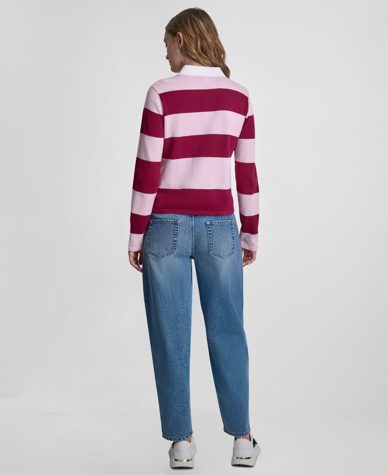 Women's Long-Sleeve Logo Charm Multi-Stripe Cotton Polo Sweater