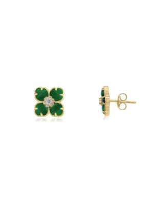 Malachite CZ Flower Stud Earrings 14K Gold-Plated Sterling Silver