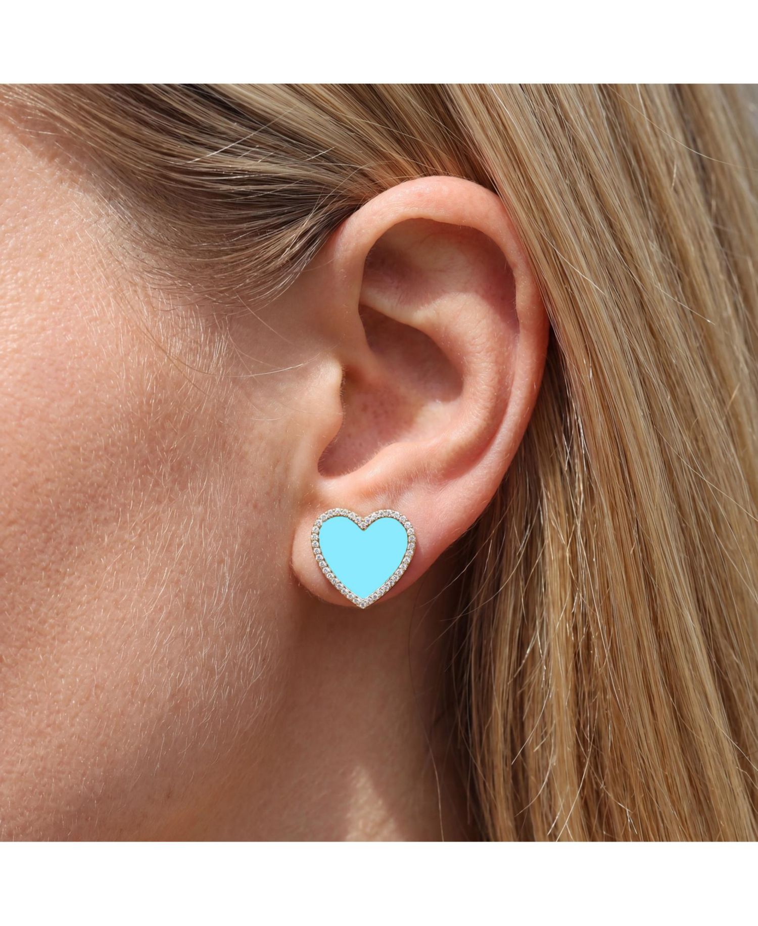 Large Turquoise CZ Halo Heart Stud Earrings 14K Gold-Plated Sterling Silver