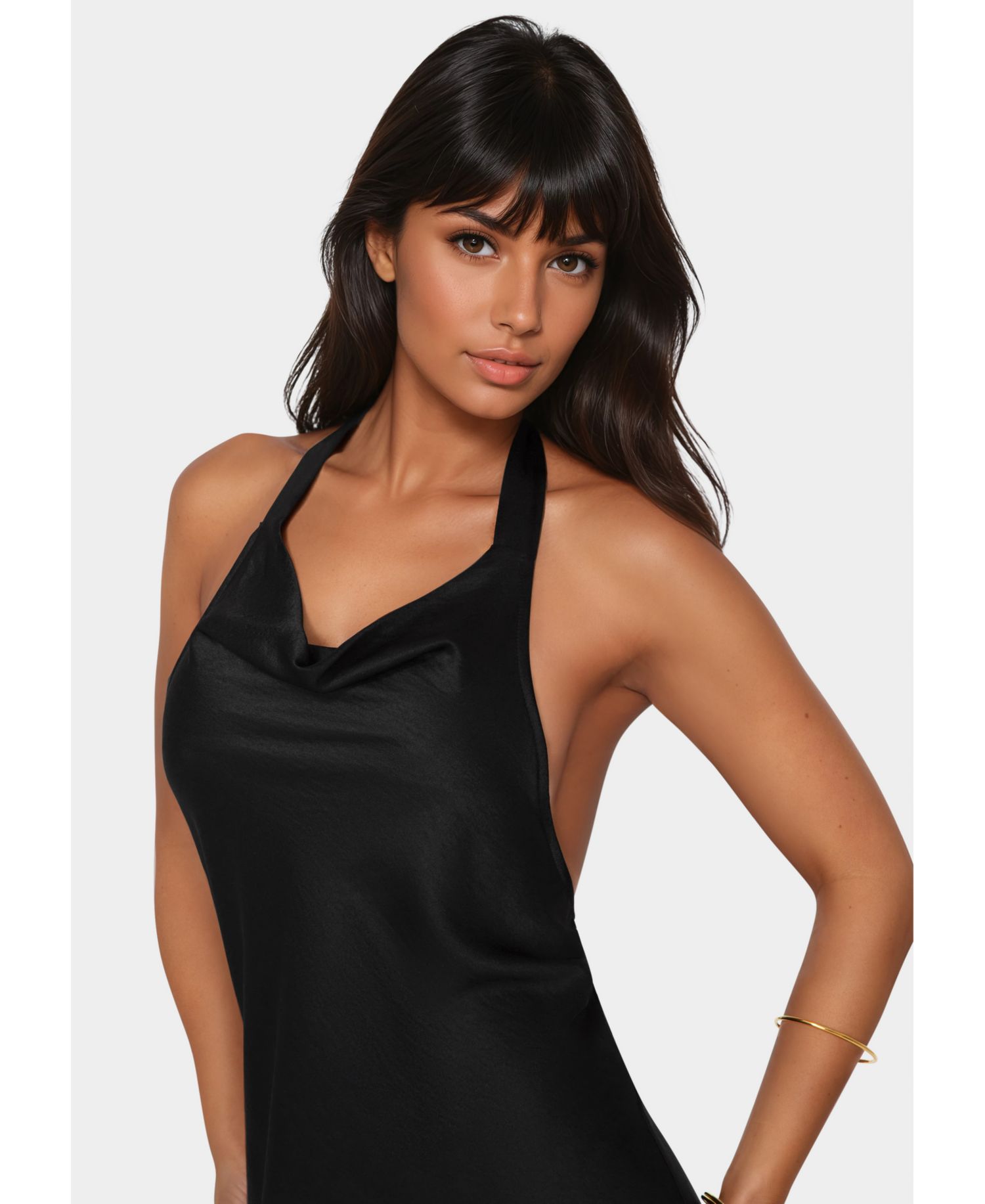 Women's Satin Halter Front Cowl Neck Midi Dress