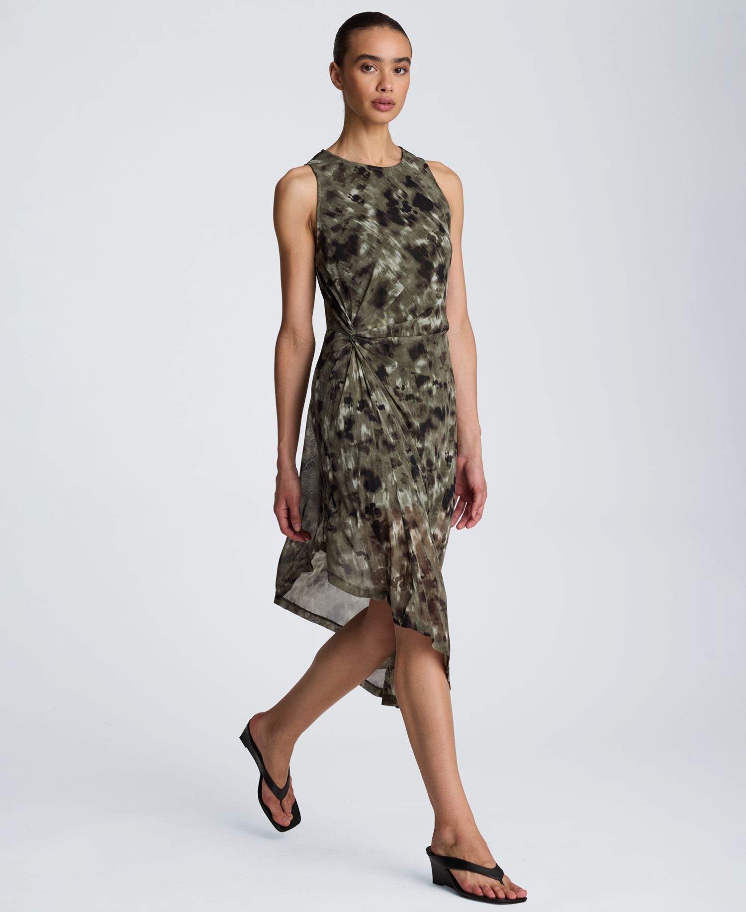 Women's Sheer Mesh Overlay Asymmetric Hem Midi Dress