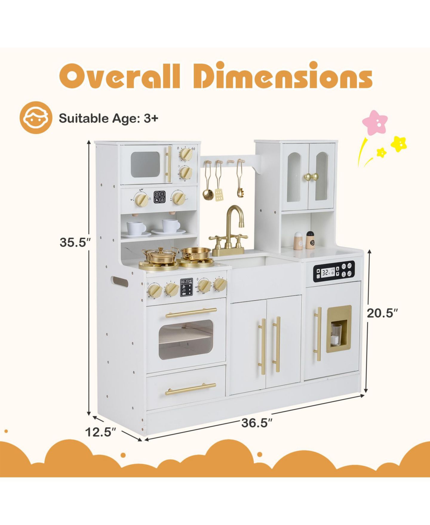 Детский игровой набор Gymax Wooden Kitchen Playset with Lights and Sounds, Ages 3+, цвет: Белый — фото 3