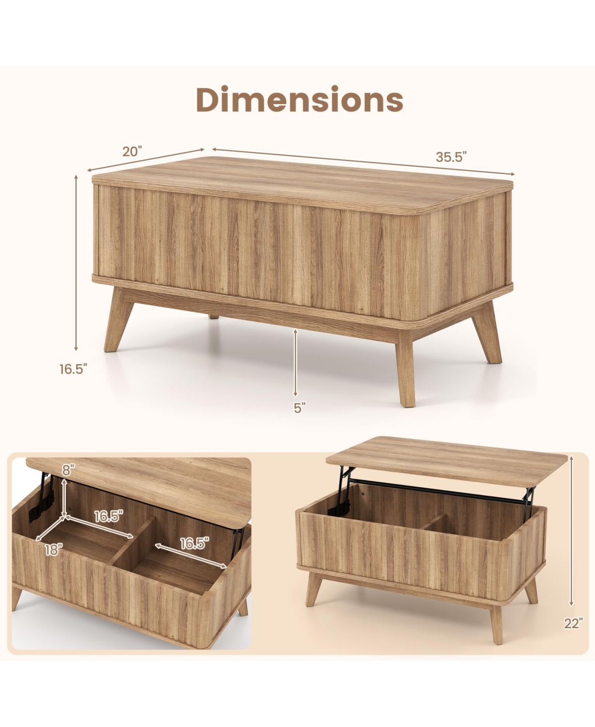 Gymax Fluted Lift Top Coffee Table with Lift Tabletop Hidden Compartments for Home