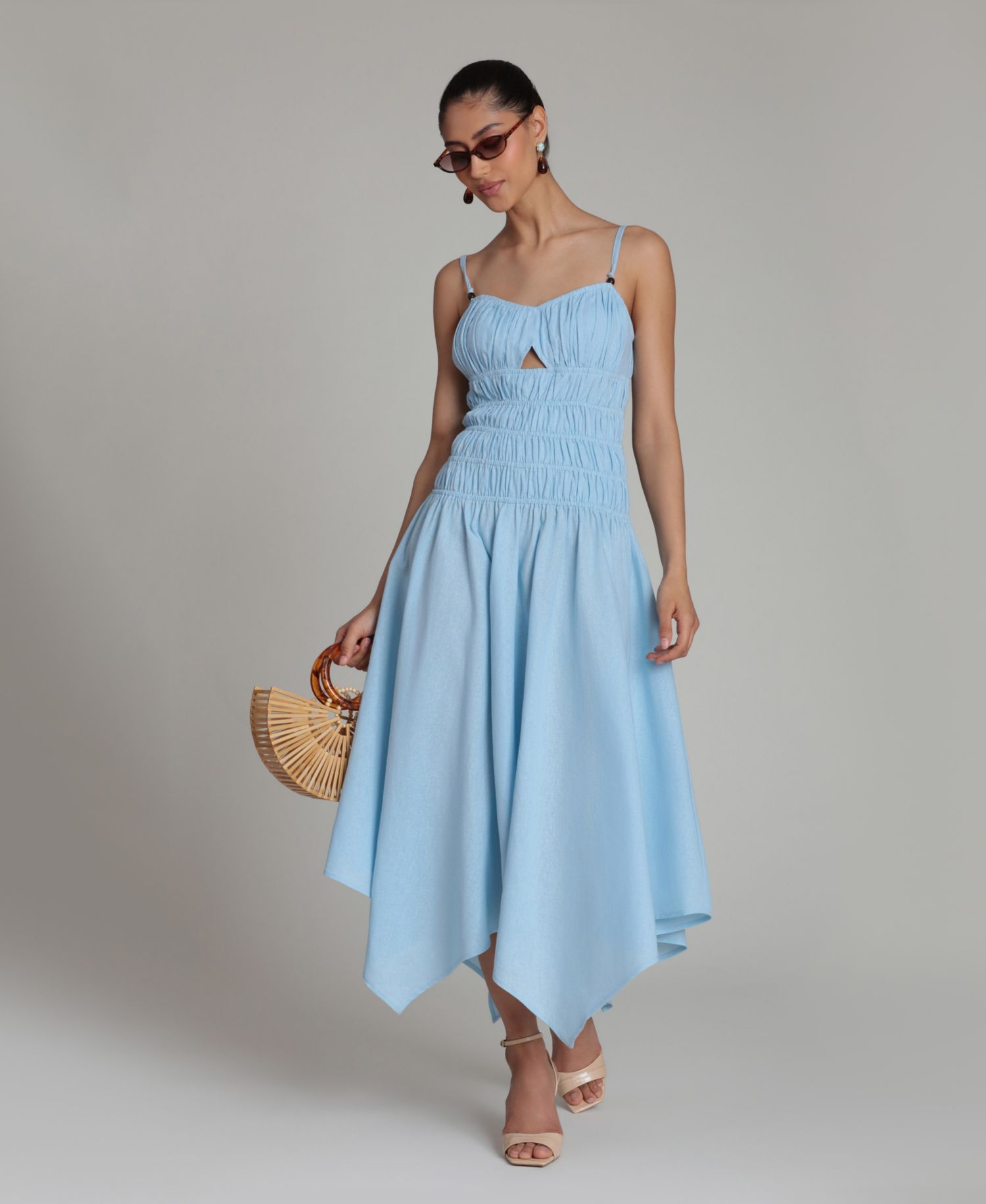 Women's Shirred Handkerchief Hem Linen Blend Asymmetric Midi Dress