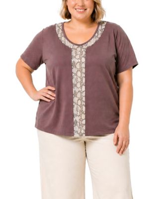 Plus Size Python Mesh Inset V-Neck Top