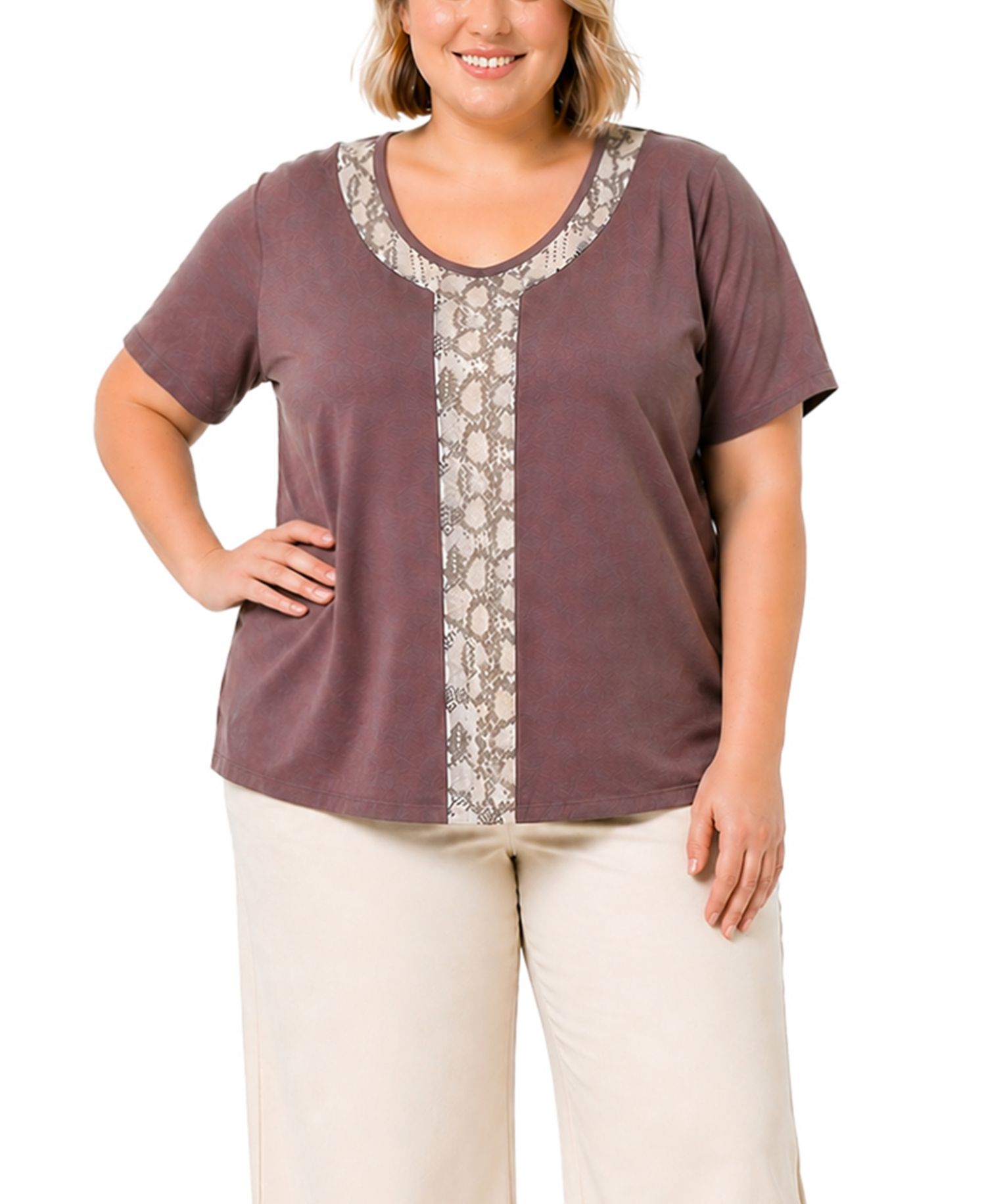 Plus Size Python Mesh Inset V-Neck Top