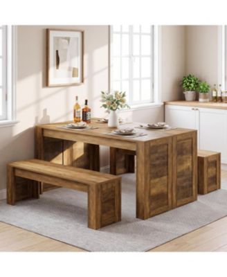 Farmhouse Dining Table Set for 4-6, Wooden Kitchen Table with 2 Benches