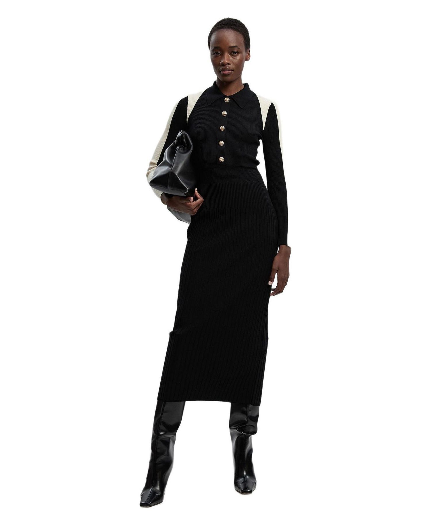 Women's Rib Knit Long Sleeve Military Midi Dress