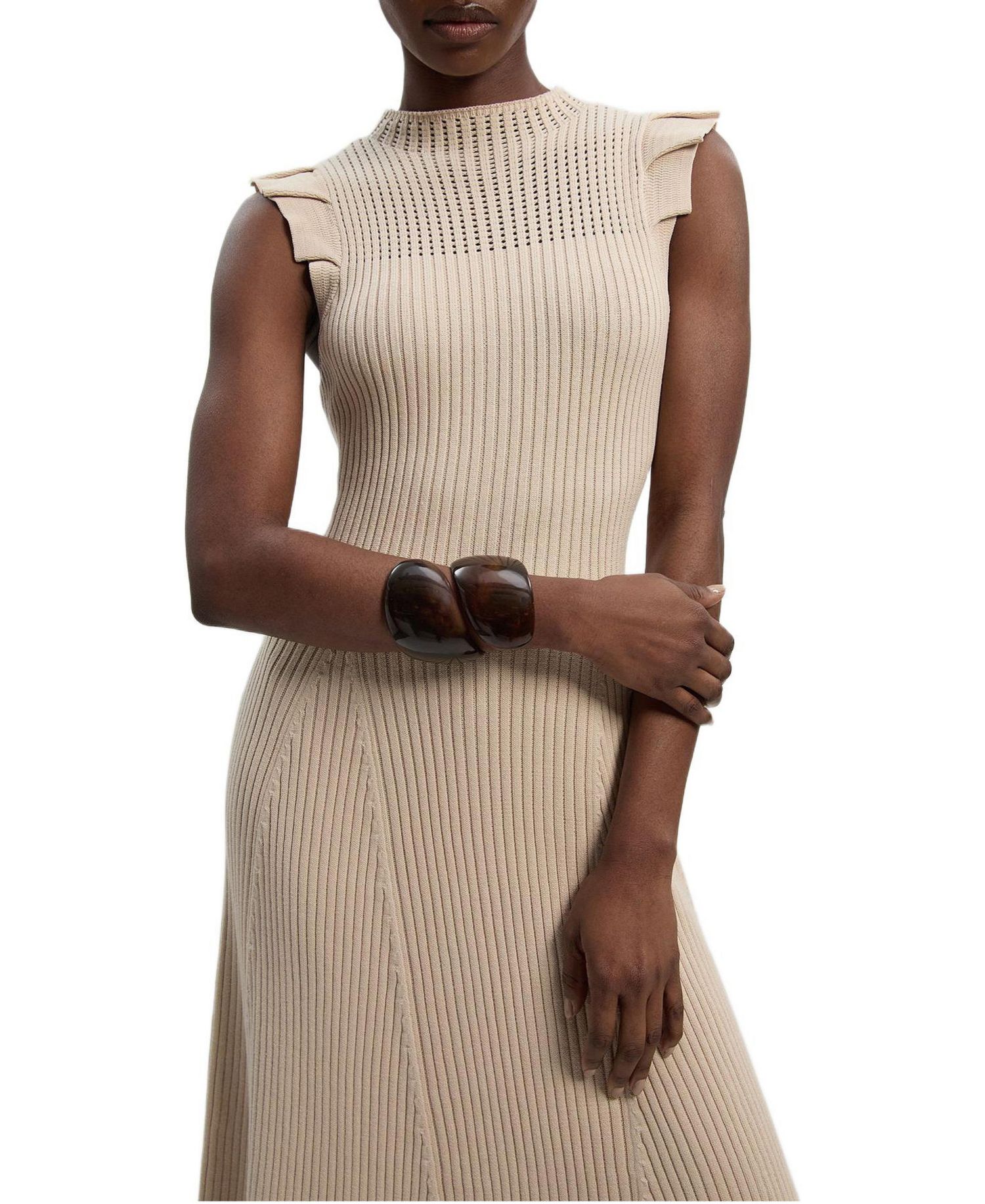 Women's Pointelle Frill Sleeve Knit Midi Dress