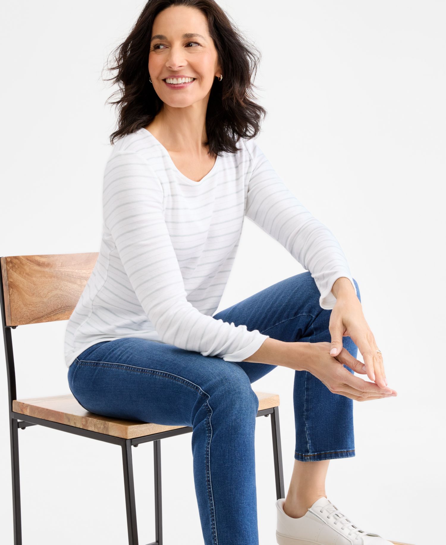 Petite Cotton-Blend Scoop Neck Long-Sleeve Double-Stripe T-Shirt