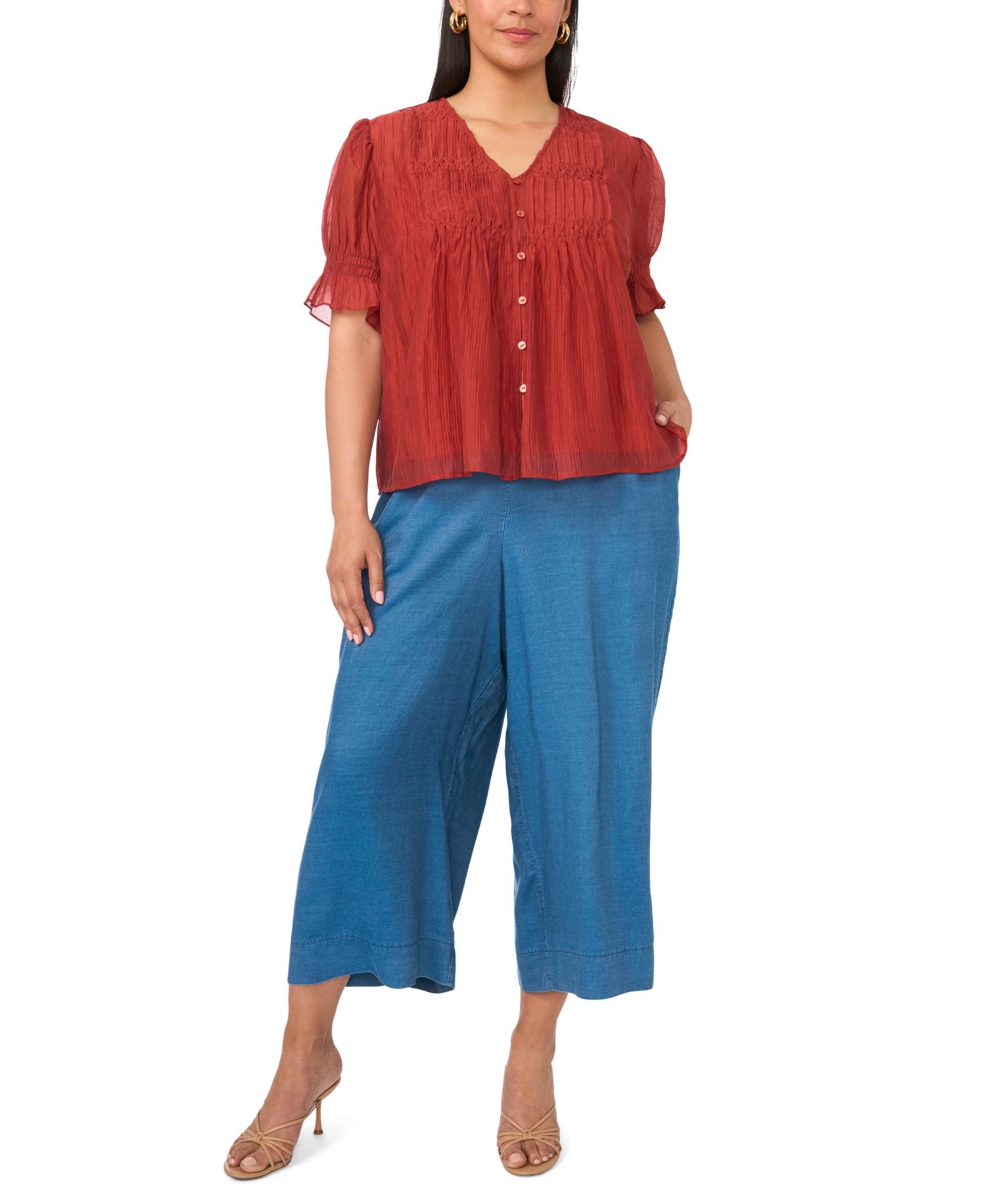 Plus Size V-Neck Puff-Sleeve Pintuck Top