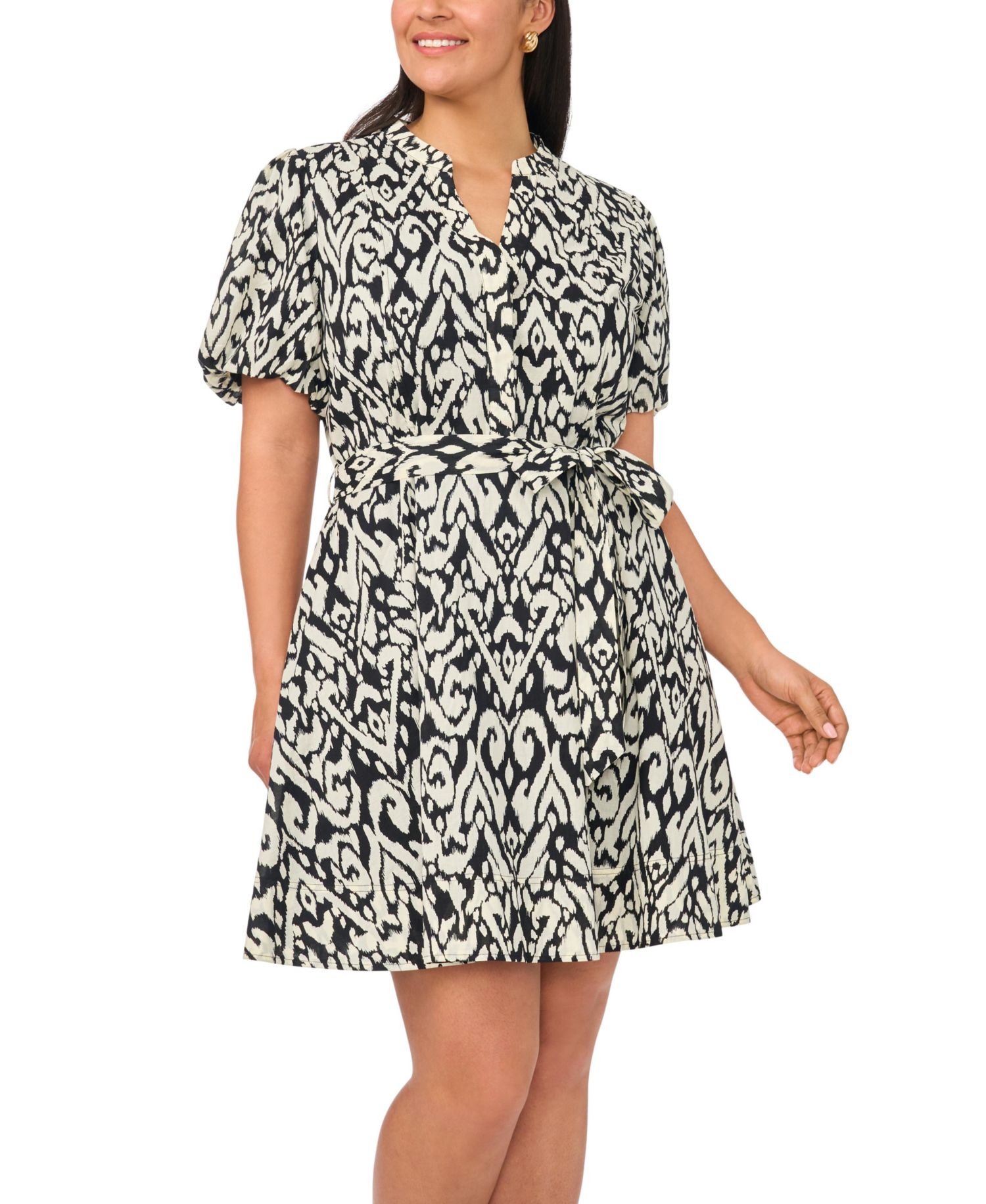 Plus Size Puff-Sleeve Belted Mini Dress