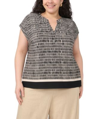 Plus Size V-Neck Front Placket Short-Sleeve Blouse