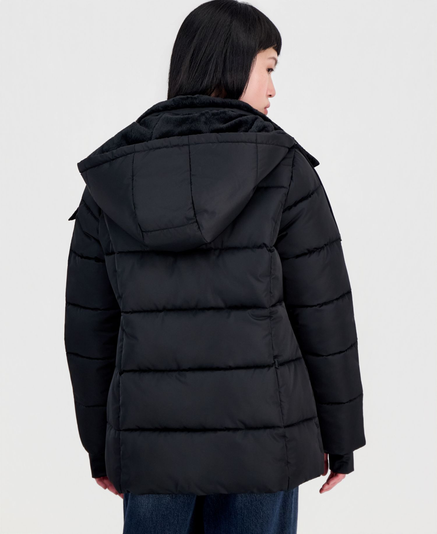 Women's Short Puffer Faux-Fur-Lined Hood Coat
