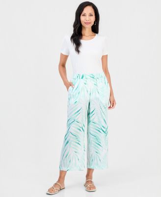 Women's Tropical-Print Wide-Leg Cropped Pants
