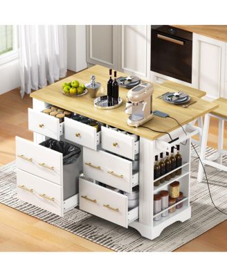  Rolling Kitchen Island with Drop Leaf, 6 Drawers, Trash Storage and Power Outlet