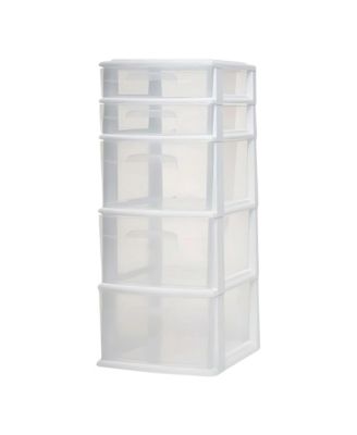 Plastic 5 Drawer Medium Home Storage Cart, White Frame with Clear Drawer