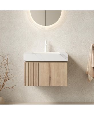 Inch Wall Mounted Bathroom Vanity with Carrara Sintered Stone Top, Undermount Ceramic Sink, Soft Close Storage, Pre-assembled
