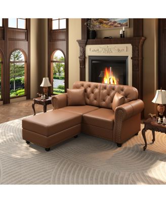 63" Faux Leather Chesterfield Sofa with Nailhead Trim and 2 Pillows