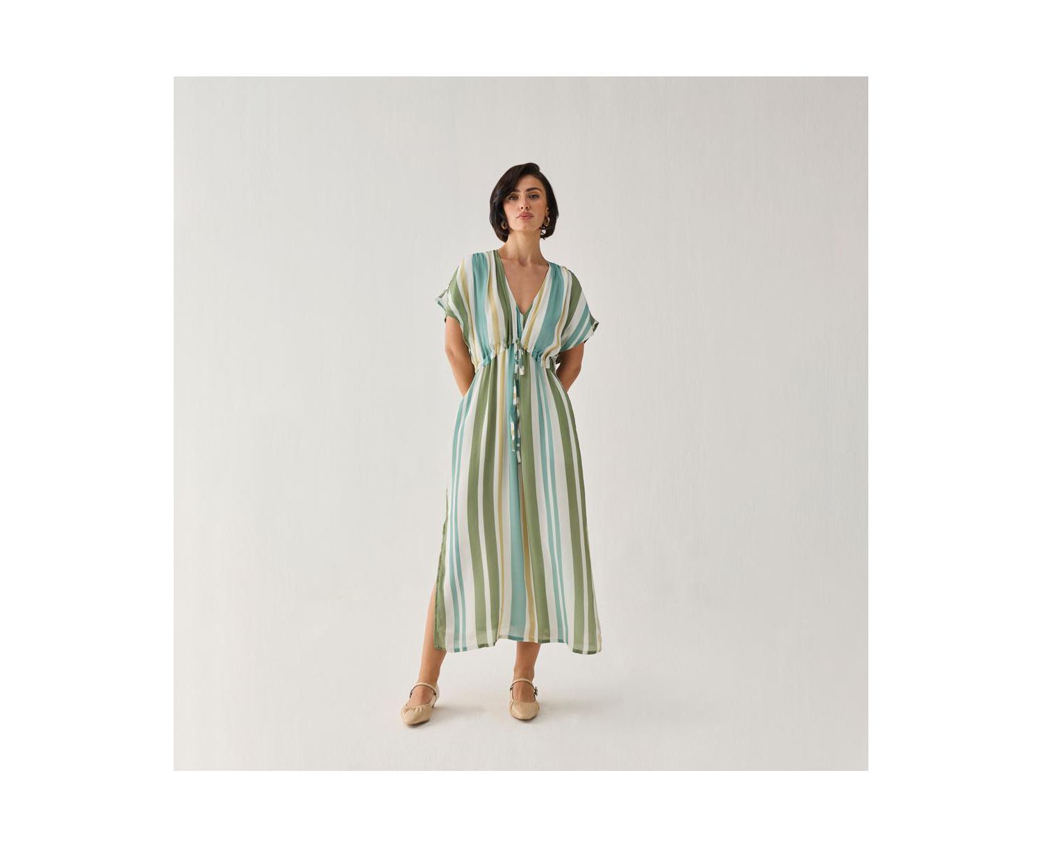 Women's Striped Drawstring Waist Maxi Dress